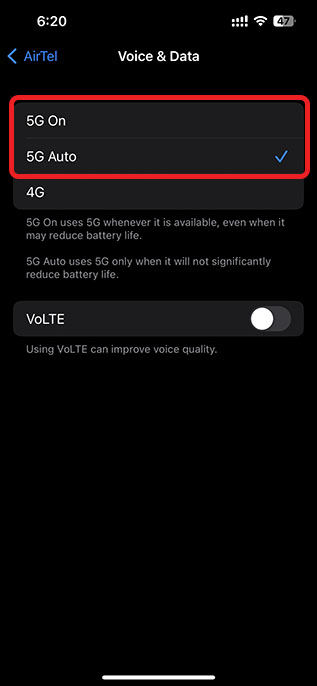 5g ఆటో లేదా 5g ఆన్ ఎంచుకోండి